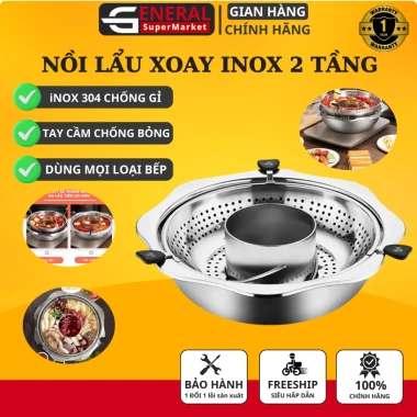 Nồi Lẩu Xoay Nâng 2 Tầng Inox Hàn Quốc Đa Năng Cao Cấp Dùng Mọi Bếp Giá 339k