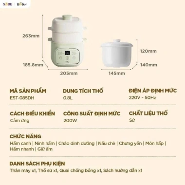 Nồi nấu chậm BEAR 0.8L EST-085DH - Chưng yến cách thủy cho bé, giàu dưỡng chất, BH 18 tháng, giá 570.000 VNĐ