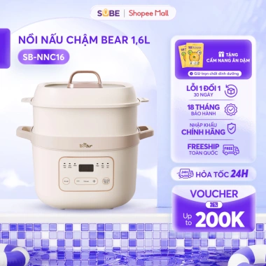 Nồi Nấu Chậm BEAR 1.6L SB-NNC16 - Cháo, Yến, Kho Cá, Chè, Xửng Hấp, Dành Cho Bé Ăn Dặm, 519.400₫