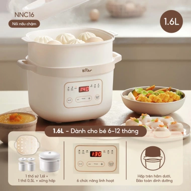 Nồi Nấu Chậm BEAR 1.6L SB-NNC16 - Cháo, Yến, Kho Cá, Chè, Xửng Hấp, Dành Cho Bé Ăn Dặm, 519.400₫