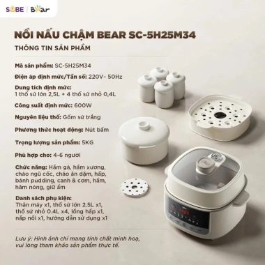 Nồi nấu chậm BEAR 2.5L SC-5H25M34 - Lồng hấp nấu cháo, chưng yến, bảo hành 18 tháng