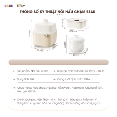 Nồi Nấu Chậm Bear SB NNC08 0.8L Nấu Cháo, Chưng Yến, Hầm Cách Thủy, Hẹn Giờ, Giá 618k