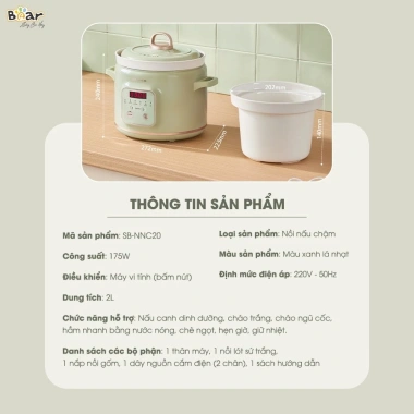 Nồi Nấu Chậm Bear SB NNC20 2L - Nấu Cháo Ăn Dặm, Nấu Chè, Giá 804.000 VNĐ 7 Nồi Nấu Chậm Bear SB NNC20 2L - Nấu Cháo Ăn Dặm, Nấu Chè, Giá 804.000 VNĐ 7
