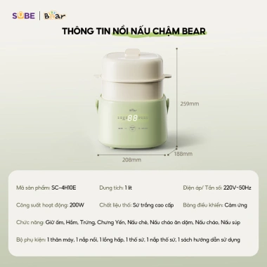 Nồi Nấu Chậm Bear SC-4H10E 1.0L - Chưng Yến, Nấu Cháo Ăn Dặm Bé, Giá 628.000 VND 6 Nồi Nấu Chậm Bear SC-4H10E 1.0L - Chưng Yến, Nấu Cháo Ăn Dặm Bé, Giá 628.000 VND 6