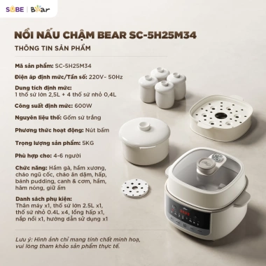 Nồi Nấu Chậm Bear SC 5H25M34 2.5L - 8 chế độ hầm, hấp, giữ dinh dưỡng cho bé, giá ưu đãi 1.578.000 VND 8 Nồi Nấu Chậm Bear SC 5H25M34 2.5L - 8 chế độ hầm, hấp, giữ dinh dưỡng cho bé, giá ưu đãi 1.578.000 VND 8