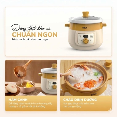 Nồi Nấu Chậm Gilux GLN85S 3L Bảng Điện Tử Hẹn Giờ - Chưng Yến, Nấu Cháo, Cách Thủy Cho Bé, Giá 899.000₫