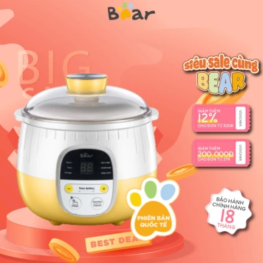 Nồi nấu cháo chậm 0.8L Bear SUBE001 – Chưng yến, kho, hầm, kèm lồng hấp, giá ưu đãi 606.000₫
