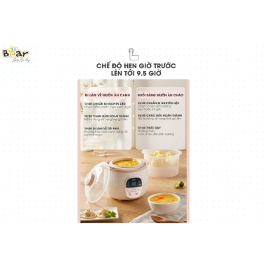 Nồi nấu cháo chậm Bear 0.8L 200W Đa năng hầm, chưng yến, hấp, giữ dinh dưỡng, BH 18 tháng 8