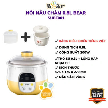 Nồi nấu cháo chậm Bear 0.8L 200W Đa năng hầm, chưng yến, hấp, giữ dinh dưỡng, BH 18 tháng 10