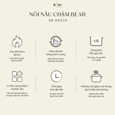 Nồi Nấu Cháo Chậm Bear 1.5L SB‑NNC15 – Đa năng hầm, hấp, chưng yến, cách thủy, giảm giá 750k 8