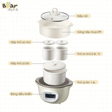 Nồi Nấu Cháo Chậm Bear 1.6L SUBE002 cho Bé - Lồng Hấp, Ninh Hầm, Chưng Yến, Bảo Hành 18 Tháng - Giá ưu đãi 554.000đ