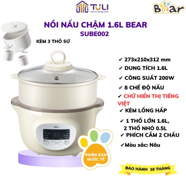 Nồi Nấu Cháo Chậm Bear 1.6L SUBE002 cho Bé - Lồng Hấp, Ninh Hầm, Chưng Yến, Bảo Hành 18 Tháng - Giá ưu đãi 554.000đ