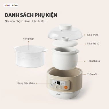 Nồi Nấu Cháo Chậm BEAR DDZ A08T8 0.8L Chưng Yến - Nấu Cháo Ăn Dặm, Hầm Thức Ăn cho Mẹ Bé, Giá 509.600₫