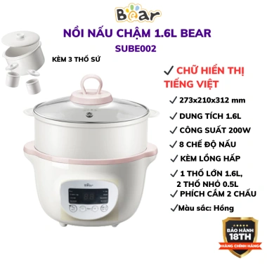 Nồi Nấu Cháo Chậm Bear Mini 1.6L 200W Đa Năng Hầm Hấp Chưng Yến, BH 18 Tháng - Giá 1.027.500, Giảm 1.022.000