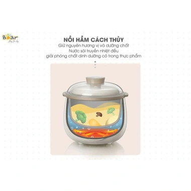Nồi nấu cháo chậm Bear SUBE001 0.8L 200W – hầm, chè, yến, kho, kèm lồng hấp, BH 18 tháng, giảm giá 593.000₫