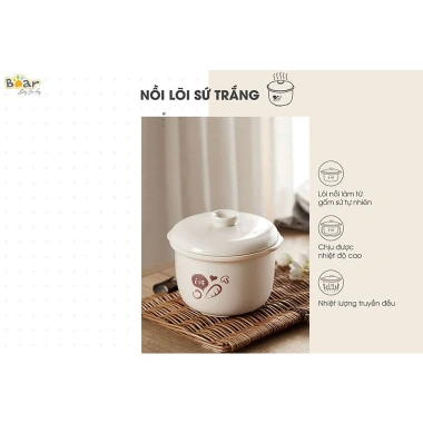 Nồi nấu cháo chậm Bear SUBE001 0.8L 200W – hầm, chè, yến, kho, kèm lồng hấp, BH 18 tháng, giảm giá 593.000₫