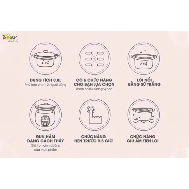 Nồi nấu cháo chậm Bear SUBE001 0.8L 200W – hầm, chè, yến, kho, kèm lồng hấp, BH 18 tháng, giảm giá 593.000₫