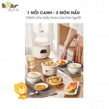 Nồi nấu cháo chậm Bear SUBE001 0.8L 200W – hầm, chè, yến, kho, kèm lồng hấp, BH 18 tháng, giảm giá 593.000₫