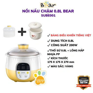 Nồi nấu cháo chậm Bear SUBE001 0.8L 200W – hầm, chè, yến, kho, kèm lồng hấp, BH 18 tháng, giảm giá 593.000₫