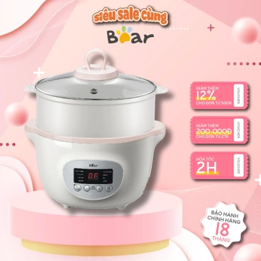 Nồi Nấu Cháo Chậm Bear SUBE002 1.6L Đa Năng - Chưng Yến, Hầm, Ninh, Hấp Rau Củ - Chính Hãng BH 18 Tháng