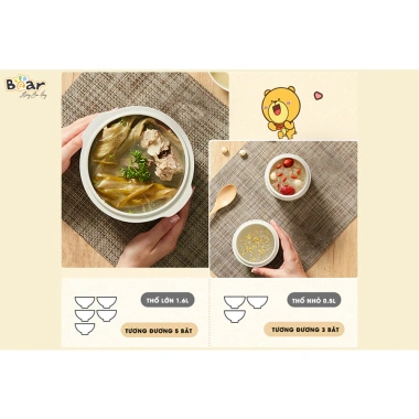 Nồi Nấu Cháo Chậm Bear SUBE002 1.6L Đa Năng - Chưng Yến, Hầm, Ninh, Hấp Rau Củ - Chính Hãng BH 18 Tháng 6
