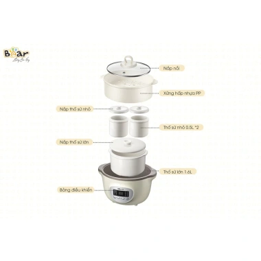 Nồi Nấu Cháo Chậm Bear SUBE002 1.6L Đa Năng - Chưng Yến, Hầm, Ninh, Hấp Rau Củ - Chính Hãng BH 18 Tháng 8