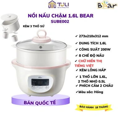Nồi Nấu Cháo Chậm Bear SUBE002 1.6L Đa Năng - Chưng Yến, Hầm, Ninh, Hấp Rau Củ - Chính Hãng BH 18 Tháng 10