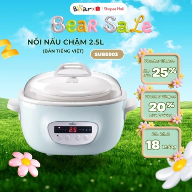 Nồi nấu cháo chậm Bear SUBE003 2.5L 380W - chưng yến, hầm, kèm lồng hấp, Chính Hãng, BH 18 tháng, giá ưu đãi 1.477.000₫