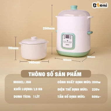 Nồi Nấu Cháo Chậm Beemi JSH 1L Cách Thủy An Toàn - Đa Chức Năng, Thố Sứ, Giá 369.000đ