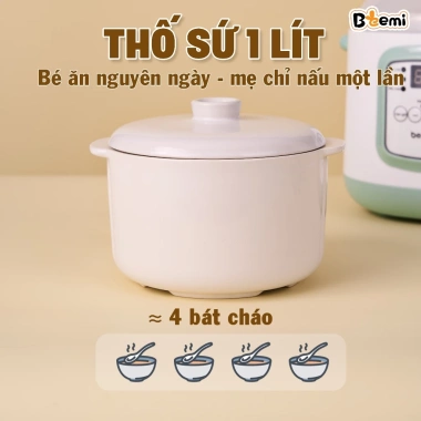 Nồi Nấu Cháo Chậm Beemi JSH 1L Cách Thủy An Toàn - Đa Chức Năng, Thố Sứ, Giá 369.000đ