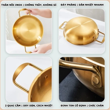 Nồi Nấu Mì Cay INOX mạ vàng, chảo đáy sâu chống dính, dùng cho lẩu xào nướng, bếp gas - giá chỉ 83.895₫
