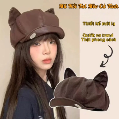 Nón beret nữ da PU bền đẹp, form phồng, tai mèo retro, màu trơn - Giá 57.800đ 3