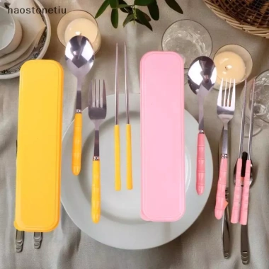 NS 3 Chiếc Thép Không Gỉ Di Động Bộ Đồ Ăn Ngoài Trời Hộp Du Lịch Thìa Nĩa Đũa Cutler Quà Tặng Sinh Viên Người Lớn