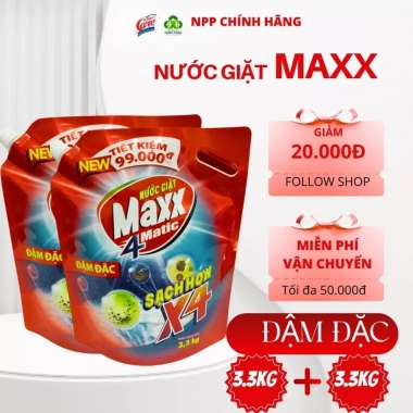 Nước giặt Maxx4 Matic combo 2 túi đậm đặc 3,3kg - Tiết kiệm năng lượng, giá ưu đãi 250k Nước giặt Maxx4 Matic combo 2 túi đậm đặc 3,3kg - Tiết kiệm năng lượng, giá ưu đãi 250k