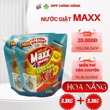 Nước giặt Maxx4 Matic combo 2 túi đậm đặc 3,3kg - Tiết kiệm năng lượng, giá ưu đãi 250k