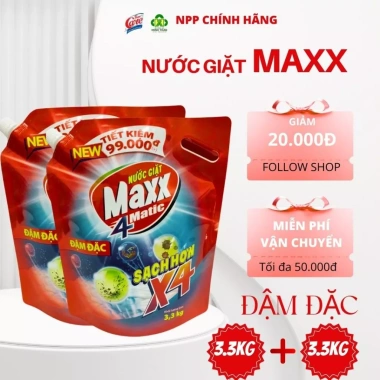 Nước giặt Maxx4 Matic combo 2 túi đậm đặc 3,3kg - Tiết kiệm năng lượng, giá ưu đãi 250k