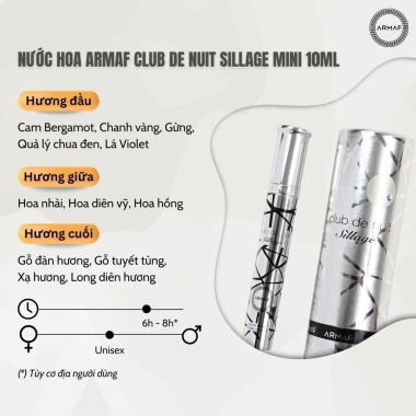 Nước Hoa Unisex ARMAF Club De Nuit Sillage EDP Mini 10ml Chính Hãng Tưới Mát, Phóng Khoáng