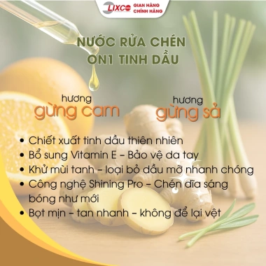 Nước rửa chén On1 tinh dầu gừng sả 1Kg - Sạch bóng, diệt dầu mỡ, bảo vệ da tay 5