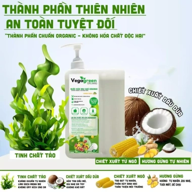 Nước Rửa Rau Quả Organic VegaGreen 1.600ml – Tự Nhiên, Rửa Thực Phẩm, Chén Đĩa, Dụng Cụ Em Bé – 175k