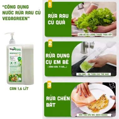 Nước Rửa Rau Quả Organic VegaGreen 1.600ml – Tự Nhiên, Rửa Thực Phẩm, Chén Đĩa, Dụng Cụ Em Bé – 175k