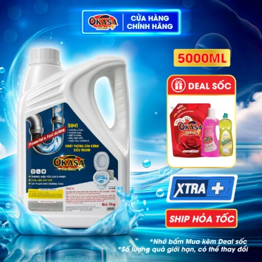 Nước thông cống OKASA 5KG siêu mạnh – Thông tắc nhanh cống, bồn cầu, lavabo, phân hủy dầu mỡ, tóc – Giá 309.000₫