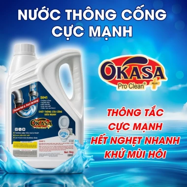 Nước thông cống OKASA 5KG siêu mạnh – Thông tắc nhanh cống, bồn cầu, lavabo, phân hủy dầu mỡ, tóc – Giá 309.000₫
