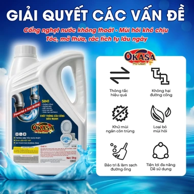 Nước thông cống OKASA 5KG siêu mạnh – Thông tắc nhanh cống, bồn cầu, lavabo, phân hủy dầu mỡ, tóc – Giá 309.000₫