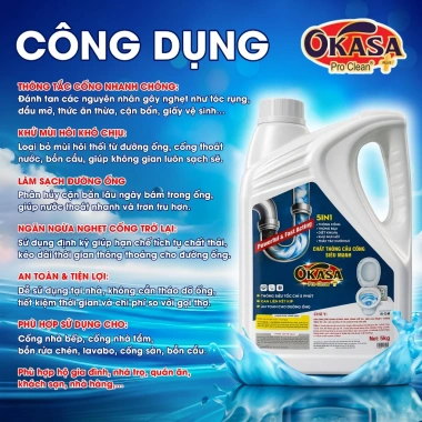 Nước thông cống OKASA 5KG siêu mạnh – Thông tắc nhanh cống, bồn cầu, lavabo, phân hủy dầu mỡ, tóc – Giá 309.000₫