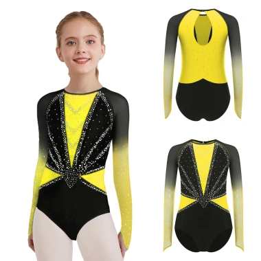 Nyeemya Leotard Trẻ Em Bé Gái Thể Dục Vũ Trang Cổ Tròn Sheer Lưới Tay Dài Khóa Lưng Kim Cương Sáng Bóng - Giá ưu đãi 443.880 VND