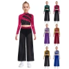 Nyeemya Trang Phục Khiêu Vũ Bé Gái 2 Mảnh Cổ Mock Dài Tay Kim Sa Lấp Lánh, Crop Top Bấm Nút Cắt Lưng, Quần Voan Khe Rộng