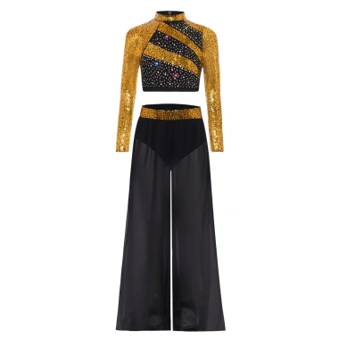Nyeemya Trang Phục Khiêu Vũ Bé Gái 2 Mảnh Cổ Mock Dài Tay Kim Sa Lấp Lánh, Crop Top Bấm Nút Cắt Lưng, Quần Voan Khe Rộng 3
