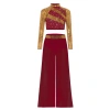 Nyeemya Trang Phục Khiêu Vũ Bé Gái 2 Mảnh Cổ Mock Dài Tay Kim Sa Lấp Lánh, Crop Top Bấm Nút Cắt Lưng, Quần Voan Khe Rộng 4
