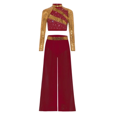 Nyeemya Trang Phục Khiêu Vũ Bé Gái 2 Mảnh Cổ Mock Dài Tay Kim Sa Lấp Lánh, Crop Top Bấm Nút Cắt Lưng, Quần Voan Khe Rộng 4