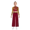 Nyeemya Trang Phục Khiêu Vũ Bé Gái 2 Mảnh Cổ Mock Dài Tay Kim Sa Lấp Lánh, Crop Top Bấm Nút Cắt Lưng, Quần Voan Khe Rộng 5